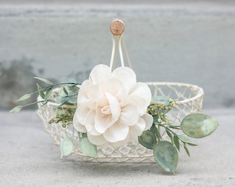 Boho Flower Girl Basket | Small Flower Girl Gift | Rustic Wire Basket | Barn Wedding Basket | Petite Shallow Ivory Basket | Ivory Flower