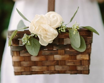Flower Girl Basket | Rustic Flower Basket | Brown Rectangle Wedding Basket | Wood Card Basket | Ivory Floral | Garden Wedding