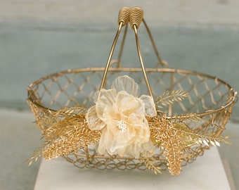 Champagne Gold Metallic Flower Girl Basket | Golden Wedding or Gift Basket | Modern, Decorated Flower Girl Basket | Gold Glam Wedding Decor