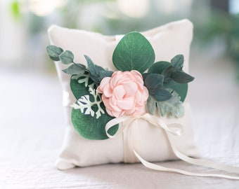 Almohada portadora de anillo / Flor rosa rubor y boda de marfil / Almohada de vegetación / Exhibición de anillo moderna / Almohada floral / Cojín de anillo de boda