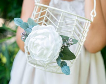 Peony Flower Girl Basket & Ring Bearer Pillow Set: Ivory or Gold