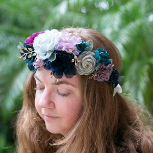 Midnight Summer Wedding Flower Crown: Purple & Blue Floral Hair Wreath