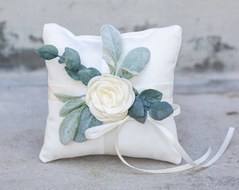 Ring Bearer Pillow | Wedding Ring Pillow | Ivory Linen-look Wedding Ring Display | Floral Pillow | Greenery Pillow | Ring Cushion