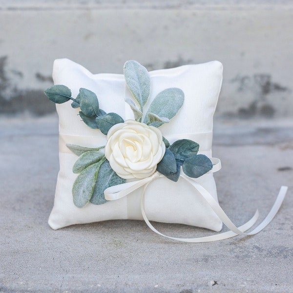 Ring Bearer Pillow | Wedding Ring Pillow | Ivory Linen-look Wedding Ring Display | Floral Pillow | Greenery Pillow | Ring Cushion