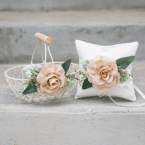 Set bloemenmeisjesmand en ringkussen | Ivoorkleurige trouwmand | Eenvoudige mandenset | Bloemenmeisjesset | Boho-bruiloft | Ringkussen