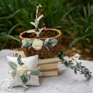 Flower Girl Basket and Ring Bearer Pillow Set | Willow Wedding Basket | Flower girl Set | Boho Flower Girl | Petal Toss Basket & Ring Pillow