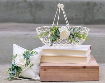 Flower Girl Basket & Ring Pillow Set | Ivory Metal Wedding Basket | Wedding Basket + Ring Pillow Set | Flower Girl Set | Ring Bearer Cushion