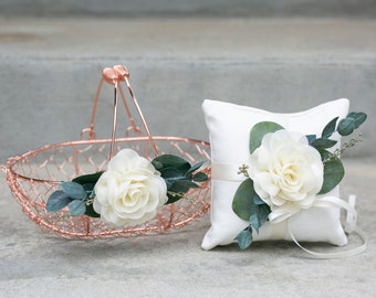 Flower Girl Basket | Rose Gold Copper Wire Wedding Basket | Eucalyptus Greenery + Ivory Floral Basket | Boho Modern Flower Girl Gift