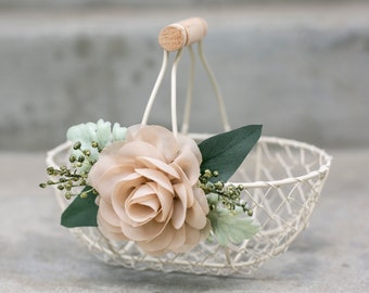 Rustic Flower Girl Basket | Small Flower Girl Gift | Rustic Wire Basket | Barn Wedding Basket | Petite or Large Ivory Basket | Beige Flower