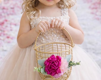 Pink Floral Flower Girl Basket: Champagne Gold Metal Wedding Decor