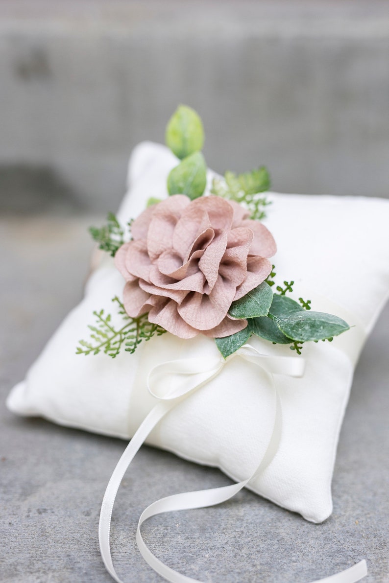 Ring Bearer Pillow Rustic Wedding Ring Pillow Ivory Linen-look Wedding Ring Display Floral Pillow Greenery Pillow Ring Cushion image 2