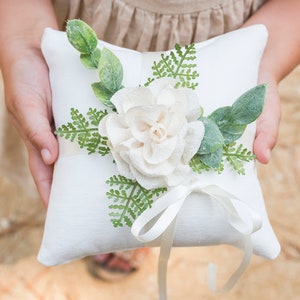 Ring Bearer Pillow Rustic Wedding Ring Pillow Ivory Linen-look Wedding Ring Display Floral Pillow Greenery Pillow Ring Cushion image 3