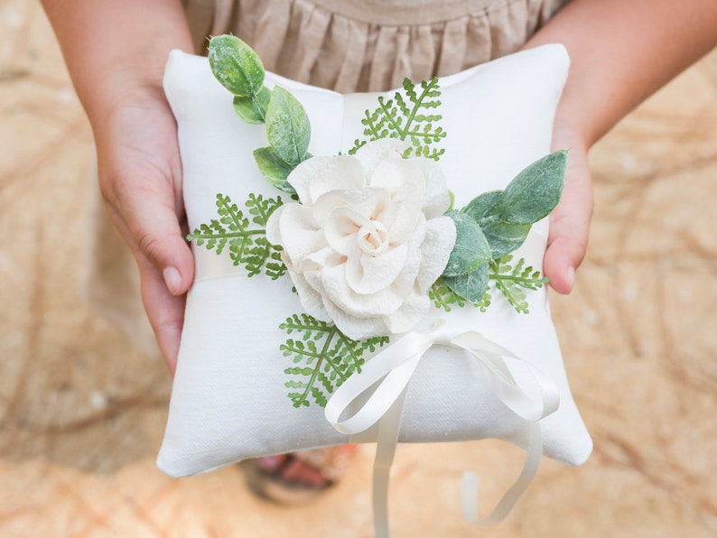 Ring Bearer Pillow Rustic Wedding Ring Pillow Ivory Linen-look Wedding Ring Display Floral Pillow Greenery Pillow Ring Cushion image 3