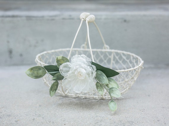 Boho Flower Girl Basket | Small Flower Girl | Light & Airy Wedding Decor Metal Basket | Wedding Decor Basket | Petite Ivory Wire Basket