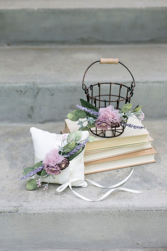 Flower Girl Basket Set | Rustic Wedding Flower Girl & Ring Bearer Gift | Lavender + Greenery Wedding Decor | Bronze Bucket Metal Basket
