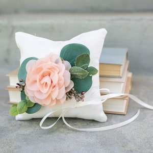 Ring Bearer Pillow Blush Wedding Ring Pillow Ivory Linen-look Wedding Ring Display Floral Pillow Greenery Pillow Ring Cushion image 2