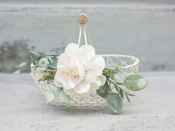 Boho Flower Girl Basket | Small Flower Girl Gift | Rustic Wire Basket | Barn Wedding Basket | Petite Shallow Ivory Basket | Ivory Flower