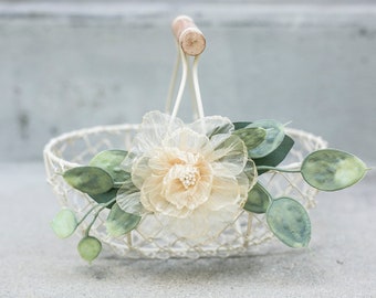 Boho Flower Girl Basket | Small Flower Girl Gift | Light & Airy Wire Basket | Wedding Decor Basket | Petite Ivory Basket w/ Gold Flower