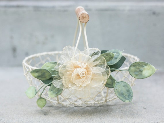 Boho Flower Girl Basket | Small Flower Girl Gift | Light & Airy Wire Basket | Wedding Decor Basket | Petite Ivory Basket w/ Gold Flower