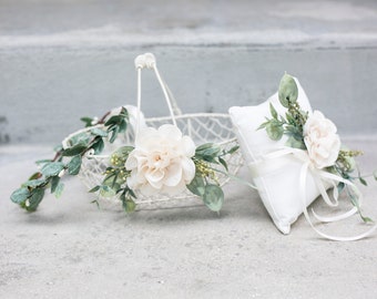 Matching Flower Girl Basket, Crown & Ring Pillow Set | Ivory Wire Flower Girl Basket | Flower Girl Set | Wedding Ring Pillow | Ring Bearer