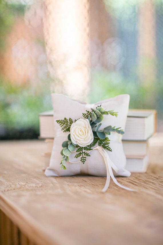 Ring Bearer Pillow with Eucalyptus, Fern & Ivory Floral Accents | Linen Look Wedding Ring Pillow | Wedding Ring Cushion | Girl Ring Bearer