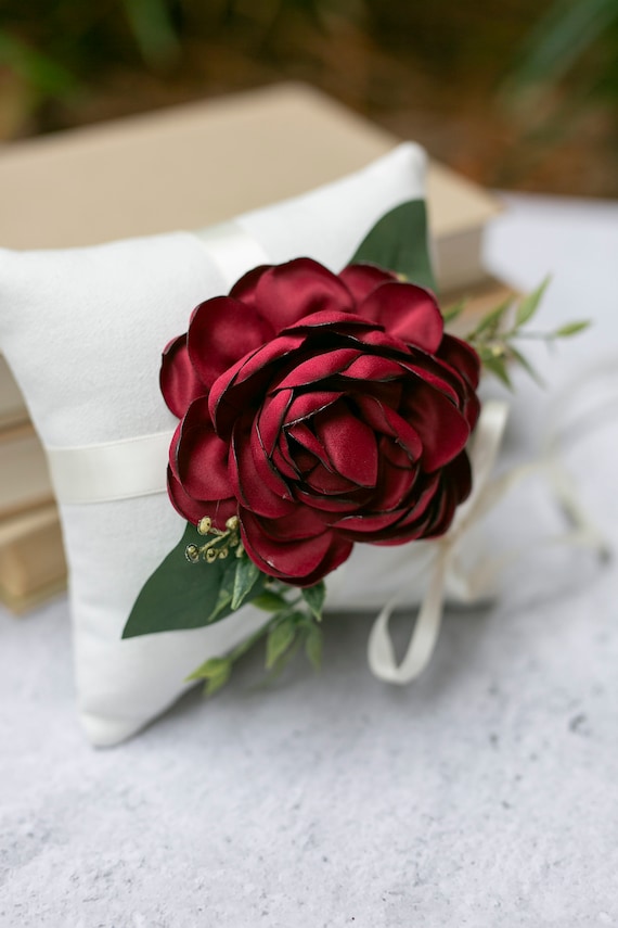 Romantic Rose Red Ring Bearer Pillow | Wedding Ring Pillow | Linen-look Ring Pillow | Ring Cushion | Ring Prop