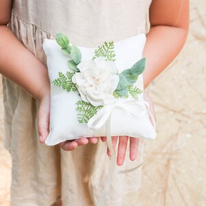 Ring Bearer Pillow Rustic Wedding Ring Pillow Ivory Linen-look Wedding Ring Display Floral Pillow Greenery Pillow Ring Cushion image 5