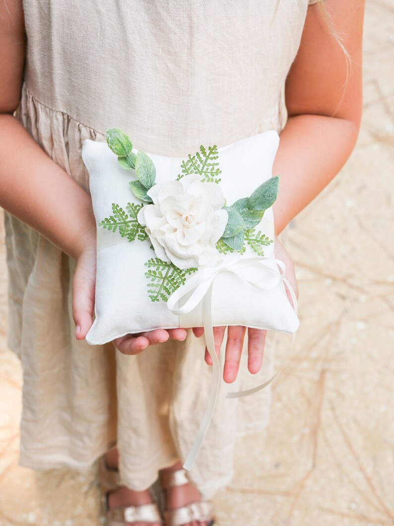 Ring Bearer Pillow Rustic Wedding Ring Pillow Ivory Linen-look Wedding Ring Display Floral Pillow Greenery Pillow Ring Cushion image 5