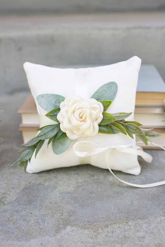 Ivory Ring Bearer Pillow | Wedding Ring Pillow w/ Greenery | Eucalyptus Wedding Decor | Ring Display | Linen-Look Wedding Pillow