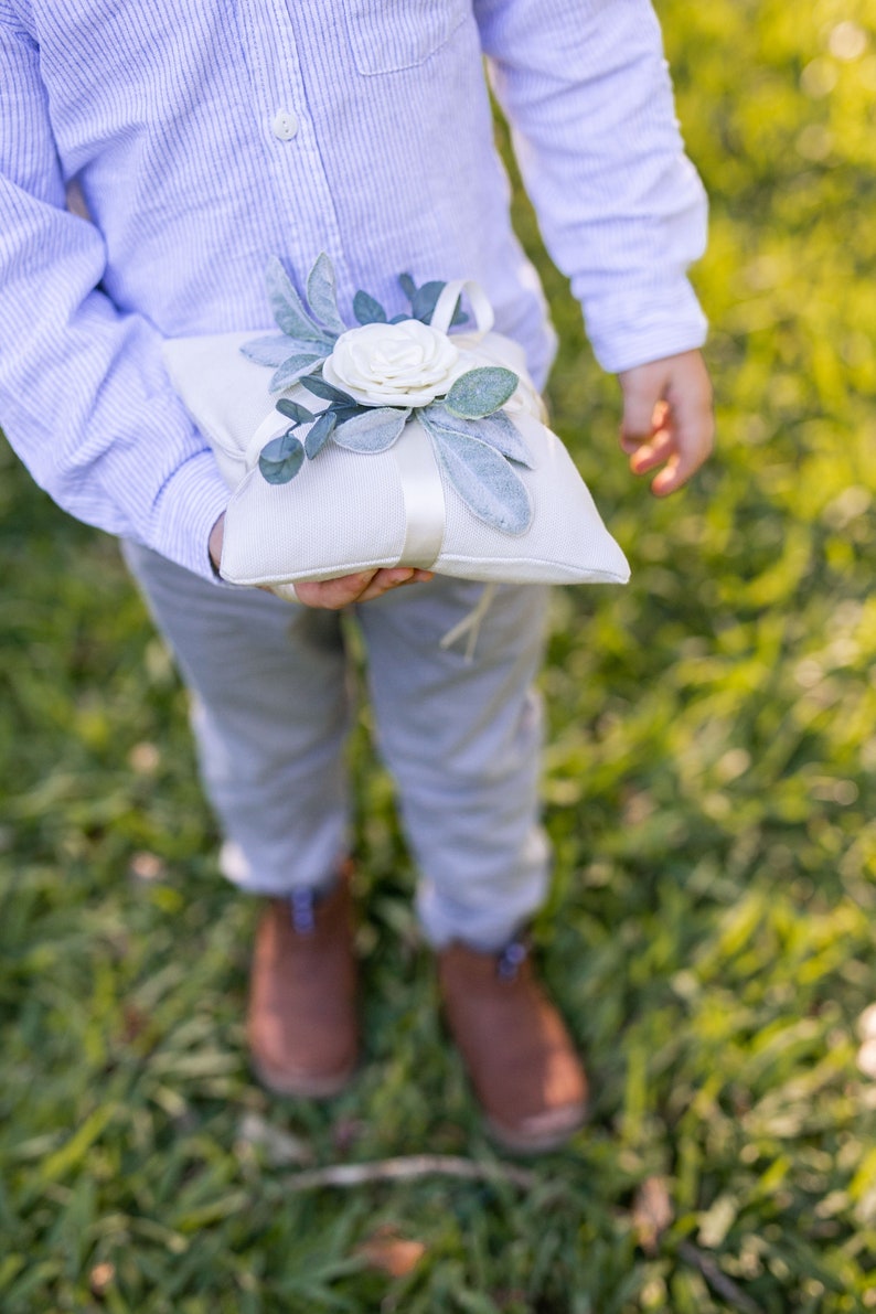 Ring Bearer Pillow Wedding Ring Pillow Ivory Linen-look Wedding Ring Display Floral Pillow Greenery Pillow Ring Cushion image 2