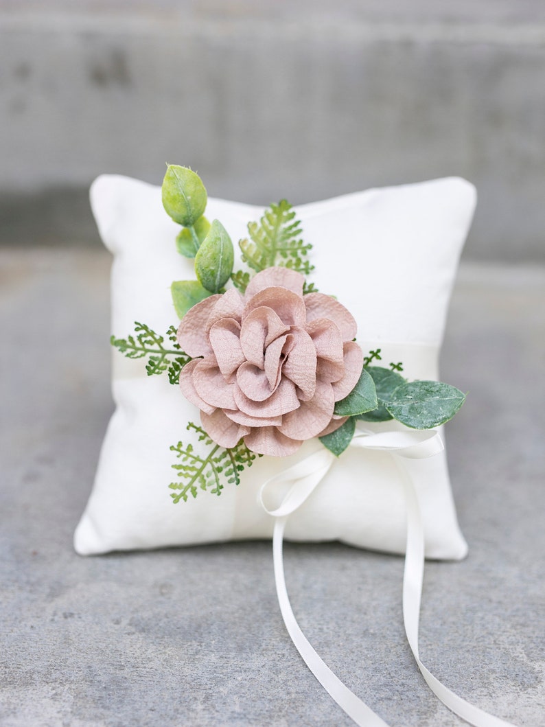 Ring Bearer Pillow Rustic Wedding Ring Pillow Ivory Linen-look Wedding Ring Display Floral Pillow Greenery Pillow Ring Cushion image 7