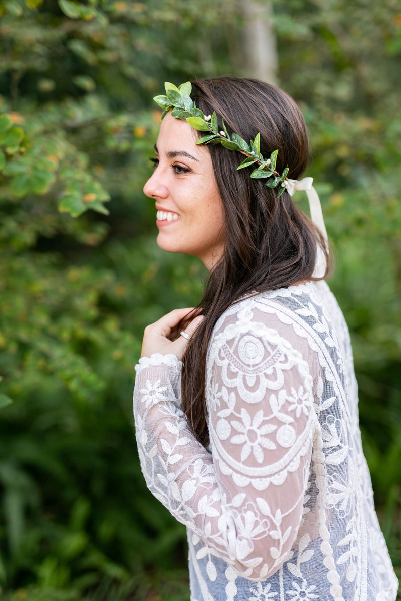 Green Leaf Crown Boudoir, Bridal Shower Hair Piece Simple Flower Crown Boho Wedding Halo Bridesmaid or Wedding Gift Sage Leaf image 3