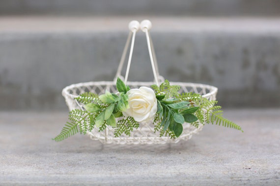 Flower Girl Basket | Decorated Wedding Basket | Ivory Metal Basket | Modern Boho Flower Girl Gift | Flower Girl Set | Basket Pillow Set