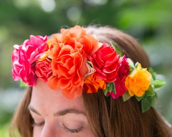 Tropical Flower Crown: Sunset Wedding Hair Wreath With Silk Ribbon