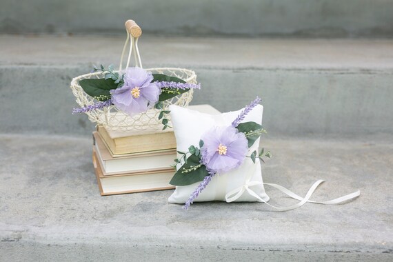 Flower Girl Basket Set | Romantic Wedding Flower Girl & Ring Bearer Gift l Lavender + Eucalyptus Greenery Wedding Decor | Ivory Wire Basket