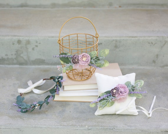 Flower Girl Basket Set | Rustic Wedding Flower Girl & Ring Bearer Gift | Lavender + Greenery Wedding Decor | Gold Bucket Metal Basket