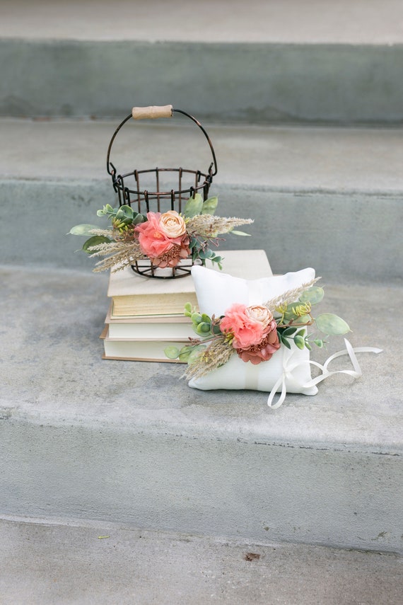 Flower Girl Basket Set | Rustic Wedding Flower Girl & Ring Bearer Gift |Boho Desert Greenery Wedding Decor | Bronze Bucket Metal Basket