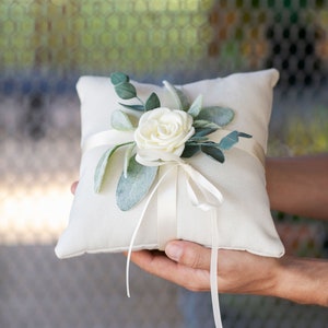 Ring Bearer Pillow Wedding Ring Pillow Ivory Linen-look Wedding Ring Display Floral Pillow Greenery Pillow Ring Cushion image 3