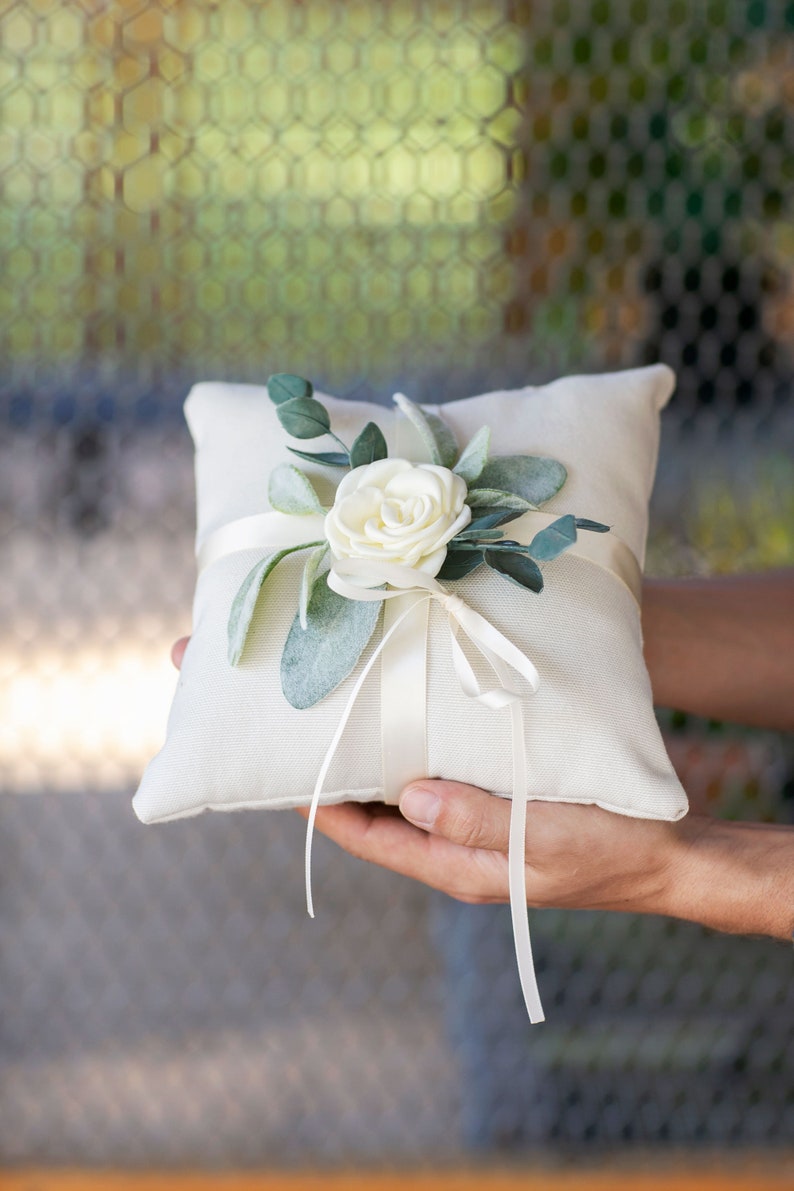 Ring Bearer Pillow Wedding Ring Pillow Ivory Linen-look Wedding Ring Display Floral Pillow Greenery Pillow Ring Cushion image 3