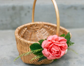 Flower Girl Basket | Tropical Wicker Flower Girl Basket | Coral Pink Decor | Woven Rattan Basket | Beach Wedding | Flower Girl Gift