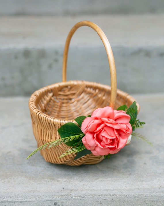 Flower Girl Basket | Tropical Wicker Flower Girl Basket | Coral Pink Decor | Woven Rattan Basket | Beach Wedding | Flower Girl Gift