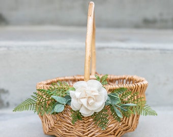 Cesta de niña de flores de ratán / Cesta de boda de sauce / Cesta de niña de flores decorada boho / Juego de cestas de boda tejidas rústicas / Almohada portadora de anillos