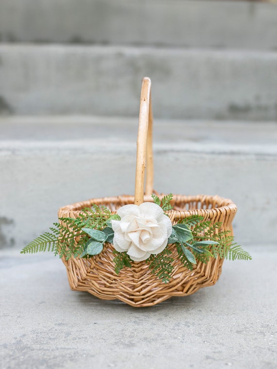 Rattan Flower Girl Basket | Willow Wedding Basket | Boho Decorated Flower Girl Basket | Rustic Woven Wedding Basket Set | Ring Bearer Pillow