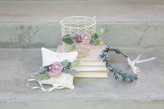Flower Girl Basket Set | Rustic Wedding Flower Girl & Ring Bearer Gift | Lavender + Greenery Wedding Decor | Ivory Bucket Metal Basket