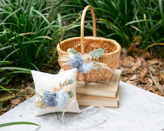 Coastal Boho Baby Blue Flower Girl Basket | Light Rattan Basket + Ring Bearer Pillow Set | Boho Decorated Flower Girl Basket |