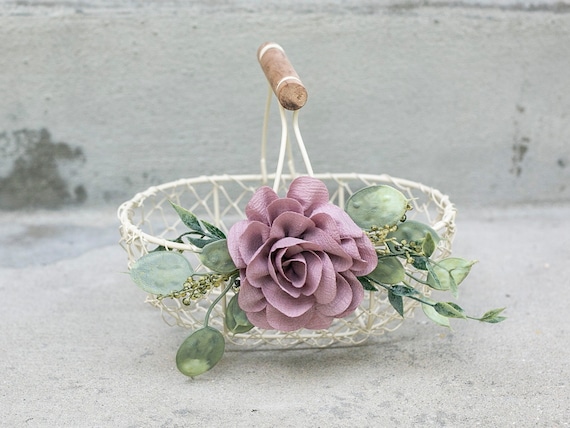 Boho Flower Girl Basket | Small Flower Girl Gift | Rustic Wire Basket | Garden Wedding Decor Basket | Petite Ivory Basket | Mauve Flower