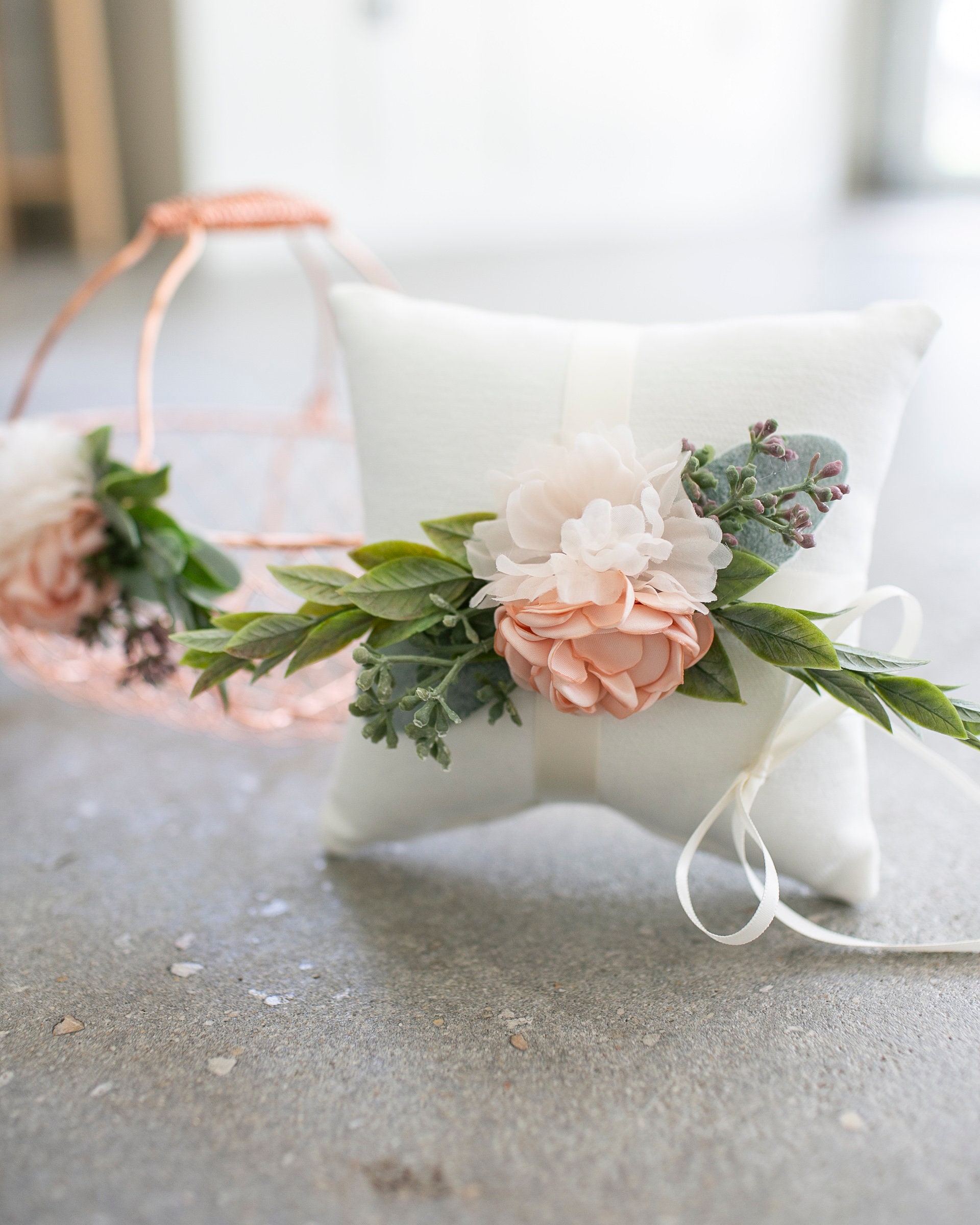 Flower Girl Basket and Ring Pillow Set Rose Gold Flower Girl Blush
