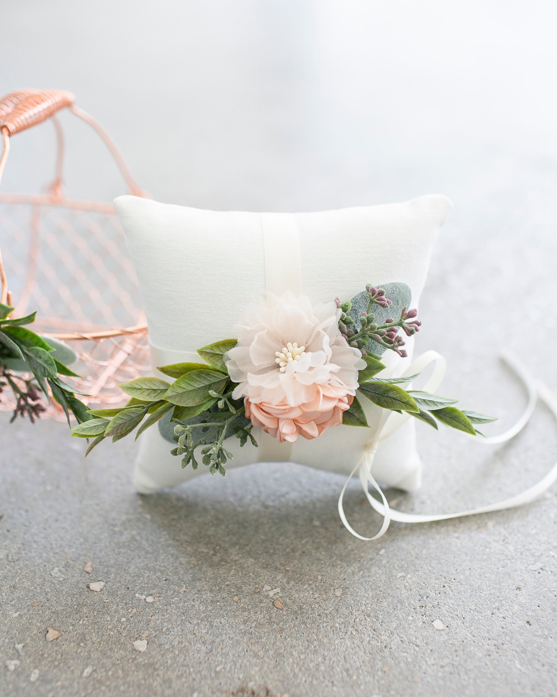 Flower Girl Basket and Ring Pillow Set Rose Gold Flower Girl Blush