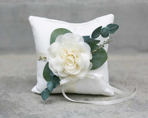 Ring Bearer Pillow: ARI | Linen-look Ring Pillow with Eucalyptus & Ivory Floral Accents | Modern Wedding Ring Display Alternative