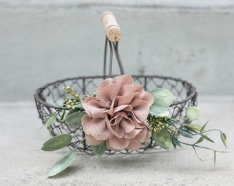 Rustic Flower Girl Basket | Small Flower Girl Gift | Boho Wire Basket | Modern Wedding Flower Basket | Ivory Mauve or Warm Taupe Flower